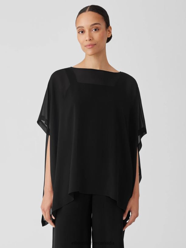 EILEEN FISHER Sheer Silk Georgette Long Poncho Boxy Fit Long Length Women BLACK Accessories 024FN162
