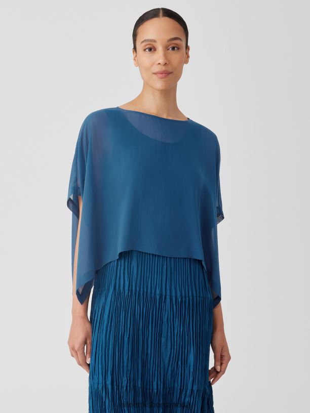 EILEEN FISHER Sheer Silk Georgette Poncho Boxy Fit Cropped Length Women ATLANTIS Accessories 024FN161