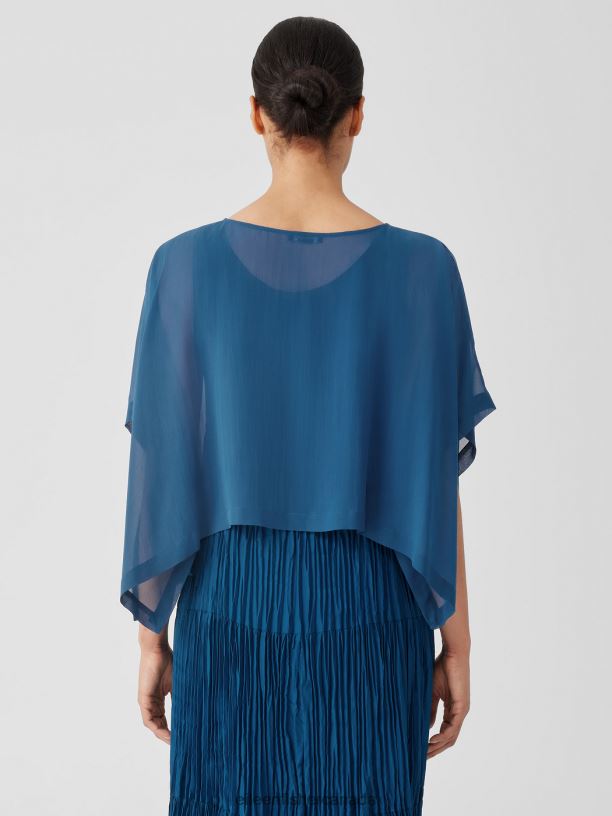 EILEEN FISHER Sheer Silk Georgette Poncho Boxy Fit Cropped Length Women ATLANTIS Accessories 024FN161