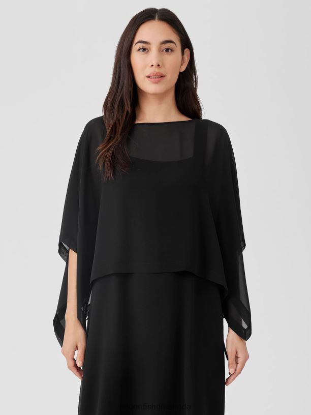 EILEEN FISHER Sheer Silk Georgette Poncho Boxy Fit Cropped Length Women BLACK Accessories 024FN156