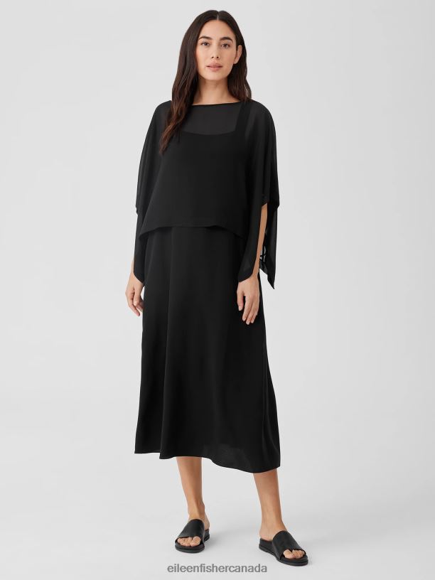 EILEEN FISHER Sheer Silk Georgette Poncho Boxy Fit Cropped Length Women BLACK Accessories 024FN156