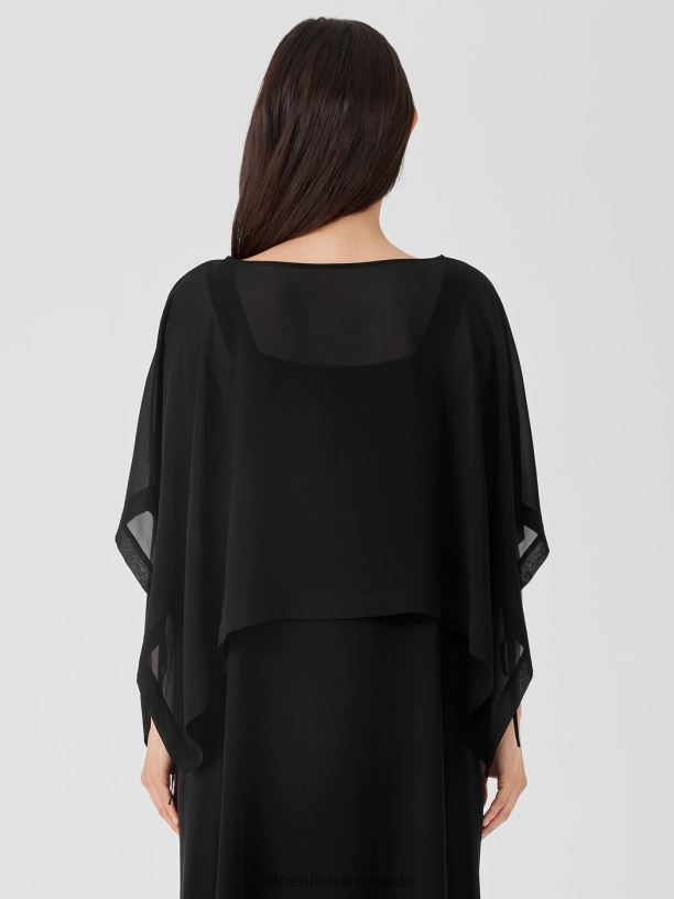 EILEEN FISHER Sheer Silk Georgette Poncho Boxy Fit Cropped Length Women BLACK Accessories 024FN156
