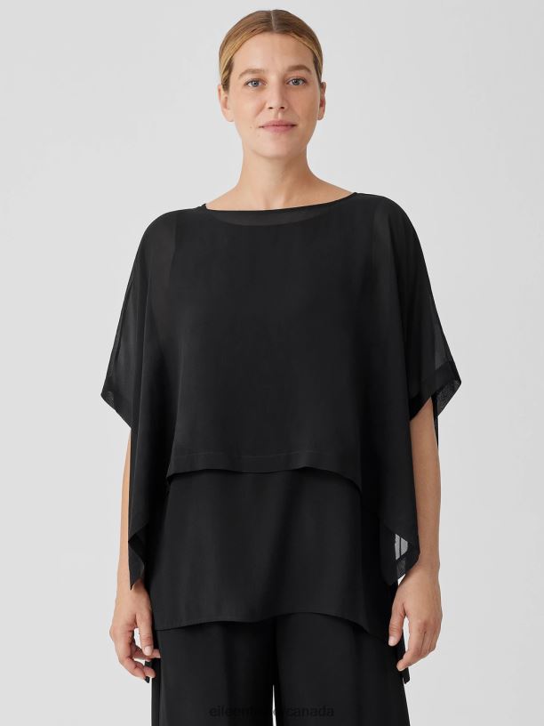 EILEEN FISHER Sheer Silk Georgette Poncho Boxy Fit Cropped Length Women BLACK Accessories 024FN292