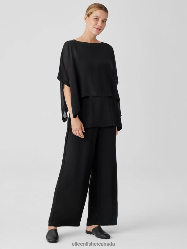 EILEEN FISHER Sheer Silk Georgette Poncho Boxy Fit Cropped Length Women BLACK Accessories 024FN292