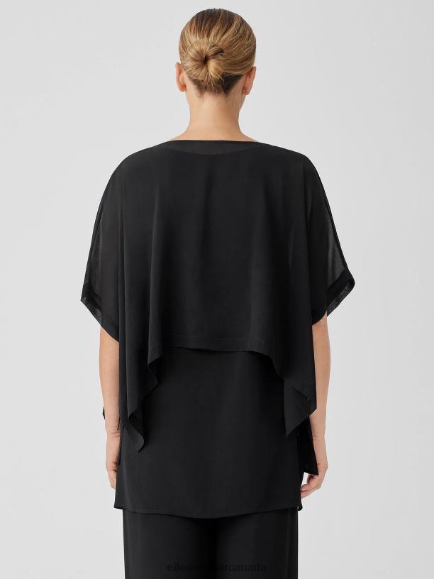 EILEEN FISHER Sheer Silk Georgette Poncho Boxy Fit Cropped Length Women BLACK Accessories 024FN292