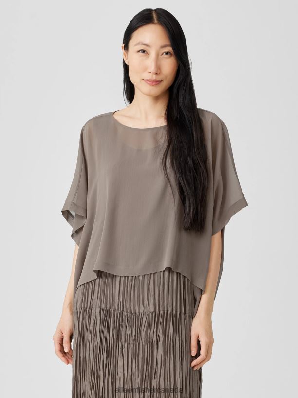 EILEEN FISHER Sheer Silk Georgette Poncho Boxy Fit Cropped Length Women COBBLESTONE Accessories 024FN157