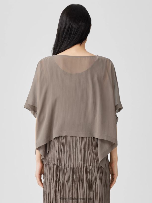 EILEEN FISHER Sheer Silk Georgette Poncho Boxy Fit Cropped Length Women COBBLESTONE Accessories 024FN157