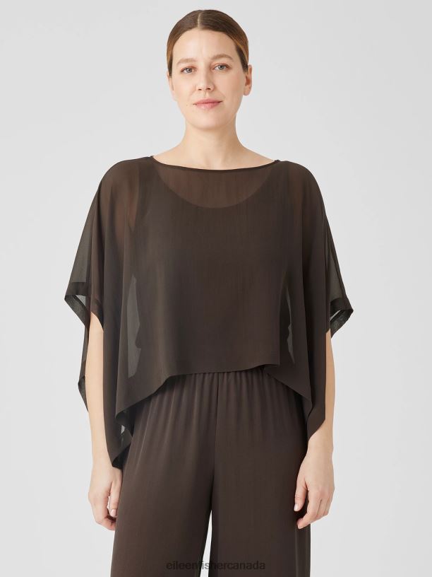EILEEN FISHER Sheer Silk Georgette Poncho Boxy Fit Cropped Length Women ESPRESSO Accessories 024FN160