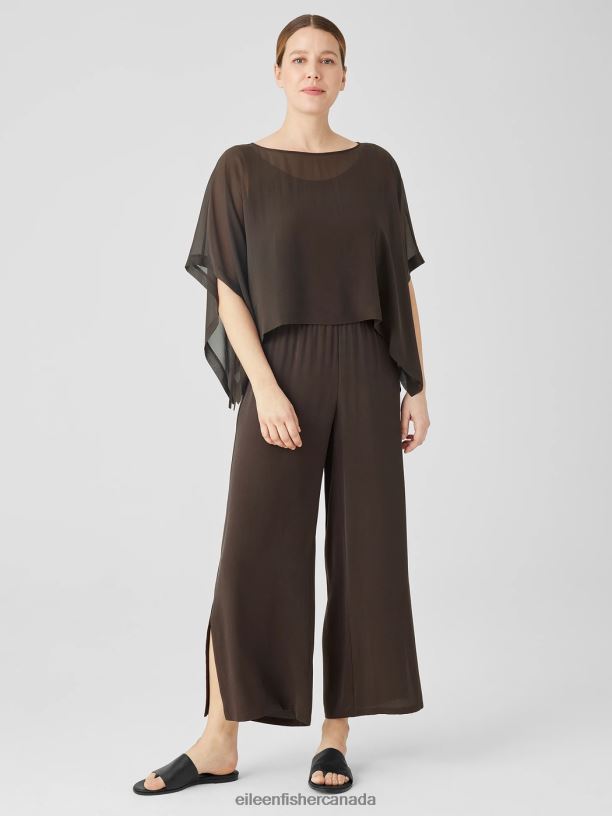 EILEEN FISHER Sheer Silk Georgette Poncho Boxy Fit Cropped Length Women ESPRESSO Accessories 024FN160