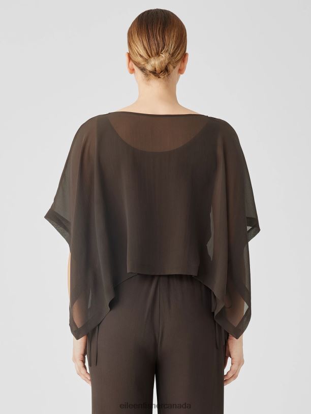 EILEEN FISHER Sheer Silk Georgette Poncho Boxy Fit Cropped Length Women ESPRESSO Accessories 024FN160