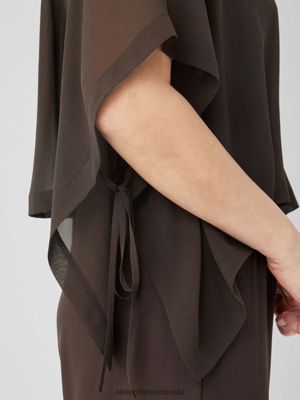 EILEEN FISHER Sheer Silk Georgette Poncho Boxy Fit Cropped Length Women ESPRESSO Accessories 024FN160