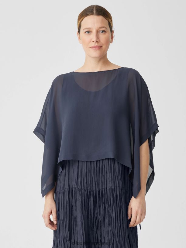 EILEEN FISHER Sheer Silk Georgette Poncho Boxy Fit Cropped Length Women OCEAN Accessories 024FN159