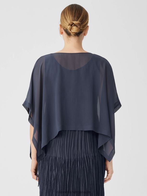 EILEEN FISHER Sheer Silk Georgette Poncho Boxy Fit Cropped Length Women OCEAN Accessories 024FN159