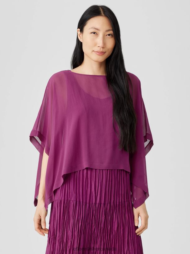 EILEEN FISHER Sheer Silk Georgette Poncho Boxy Fit Cropped Length Women RASPBERRY Accessories 024FN158