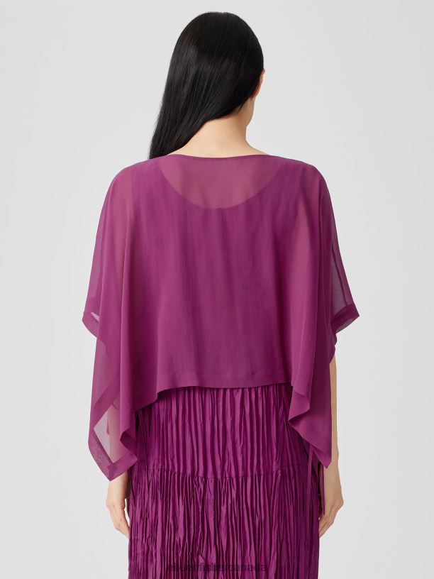 EILEEN FISHER Sheer Silk Georgette Poncho Boxy Fit Cropped Length Women RASPBERRY Accessories 024FN158