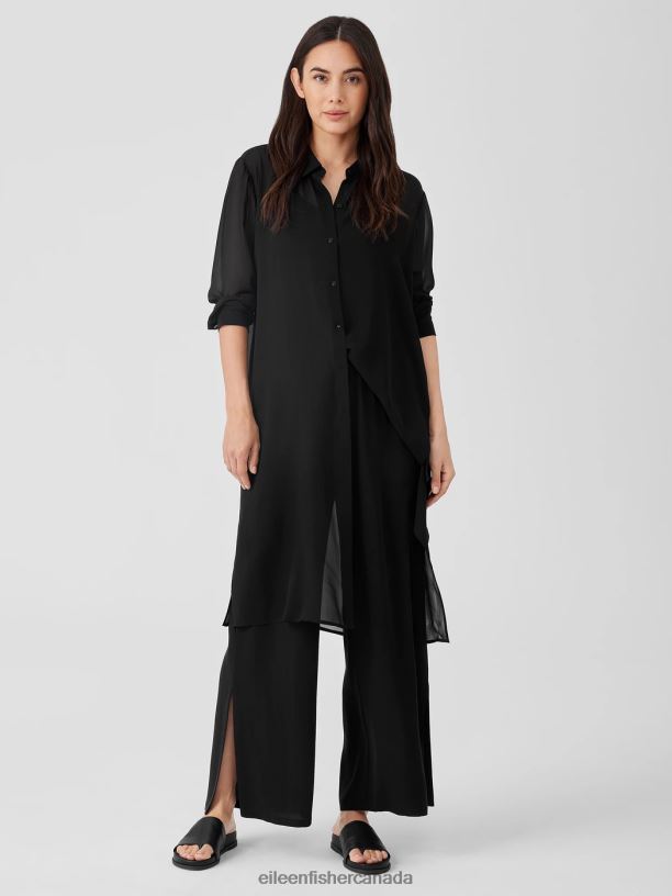 EILEEN FISHER Silk Georgette Crepe Pant with Slits Easy Fit Ankle Length Women BLACK Clothing 024FN593