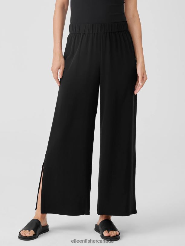 EILEEN FISHER Silk Georgette Crepe Pant with Slits Easy Fit Ankle Length Women BLACK Clothing 024FN593