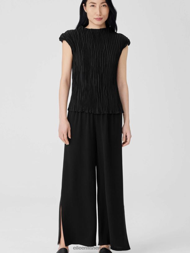 EILEEN FISHER Silk Georgette Crepe Pant with Slits Easy Fit Ankle Length Women BLACK Clothing 024FN593