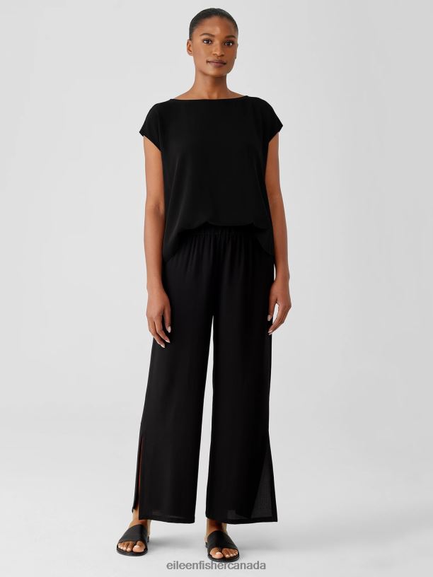 EILEEN FISHER Silk Georgette Crepe Pant with Slits Easy Fit Ankle Length Women BLACK Clothing 024FN758