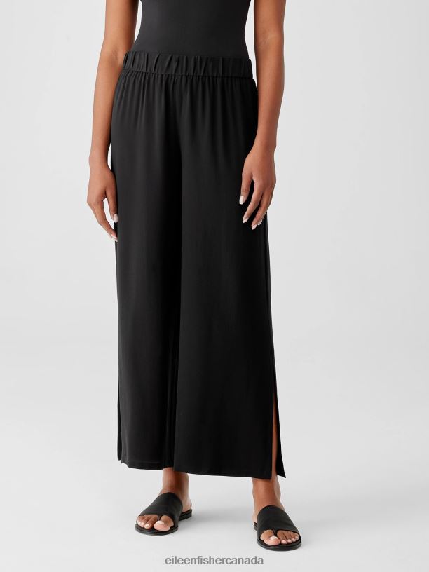 EILEEN FISHER Silk Georgette Crepe Pant with Slits Easy Fit Ankle Length Women BLACK Clothing 024FN758