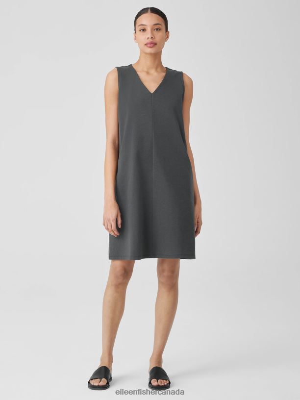 EILEEN FISHER Cotton Blend Ponte V-Neck Dress Easy Fit Knee Length Women GRAPHITE Clothing 024FN837