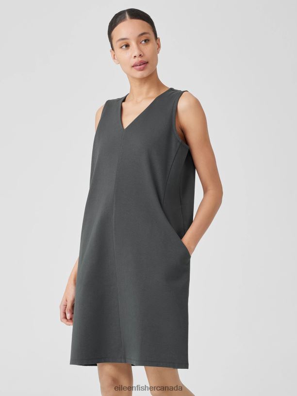EILEEN FISHER Cotton Blend Ponte V-Neck Dress Easy Fit Knee Length Women GRAPHITE Clothing 024FN837