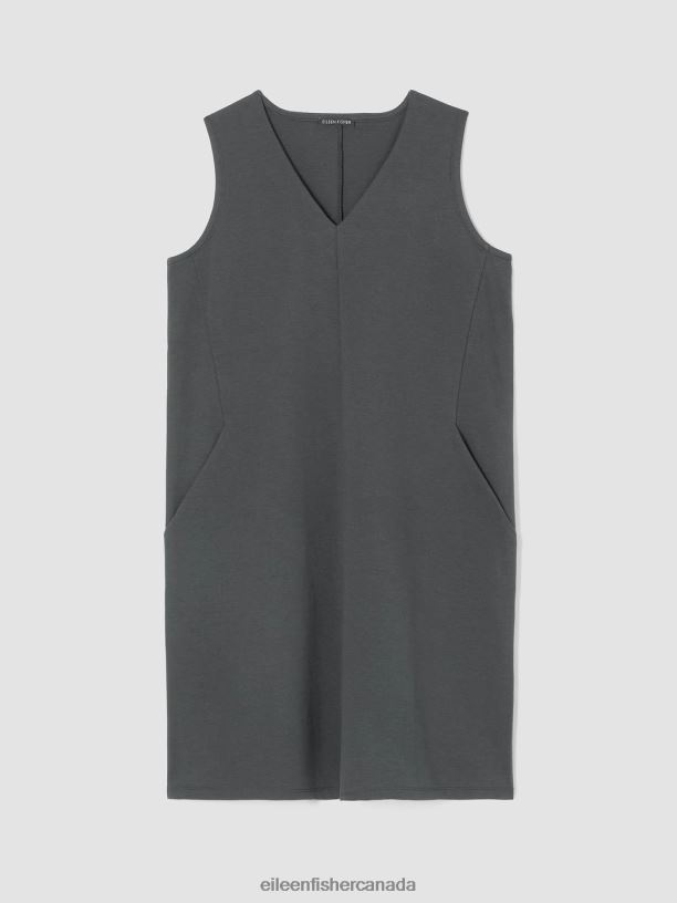 EILEEN FISHER Cotton Blend Ponte V-Neck Dress Easy Fit Knee Length Women GRAPHITE Clothing 024FN837