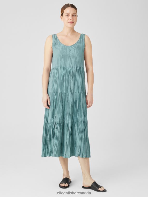 EILEEN FISHER Crushed Silk Tiered Dress Easy Fit Full Length Women AMALFI Clothing 024FN849