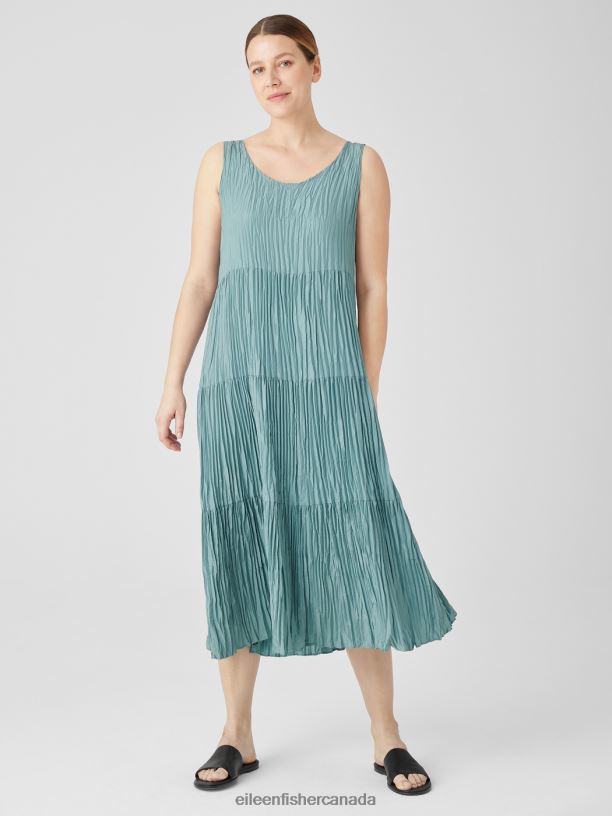 EILEEN FISHER Crushed Silk Tiered Dress Easy Fit Full Length Women AMALFI Clothing 024FN849