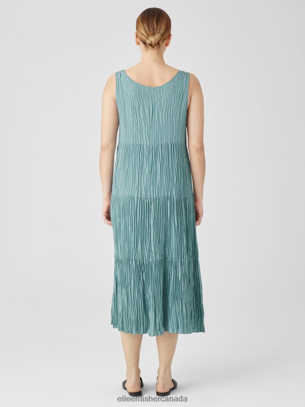EILEEN FISHER Crushed Silk Tiered Dress Easy Fit Full Length Women AMALFI Clothing 024FN849