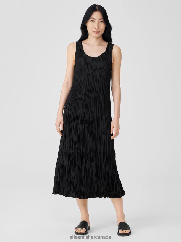 EILEEN FISHER Crushed Silk Tiered Dress Easy Fit Full Length Women BLACK Clothing 024FN847