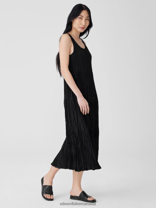 EILEEN FISHER Crushed Silk Tiered Dress Easy Fit Full Length Women BLACK Clothing 024FN847