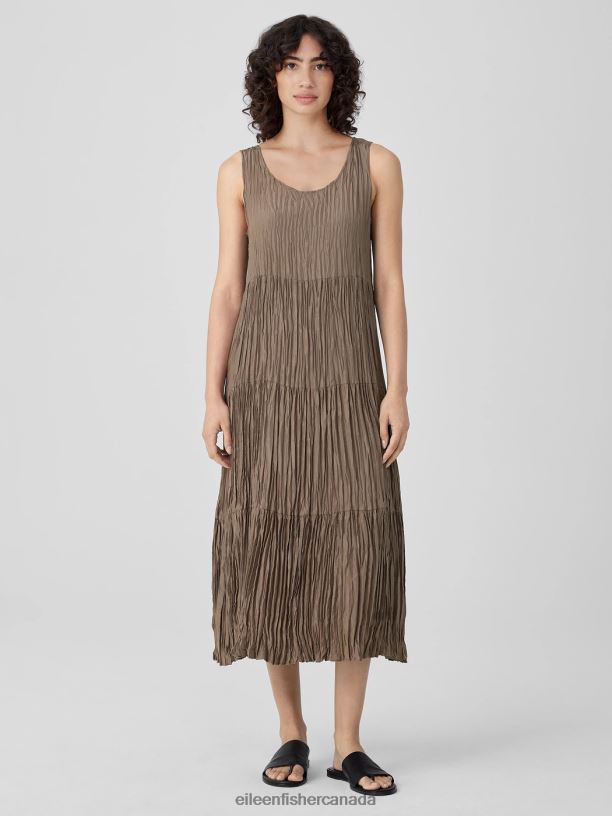 EILEEN FISHER Crushed Silk Tiered Dress Easy Fit Full Length Women COBBLESTONE Clothing 024FN848