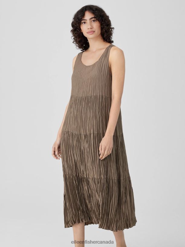 EILEEN FISHER Crushed Silk Tiered Dress Easy Fit Full Length Women COBBLESTONE Clothing 024FN848