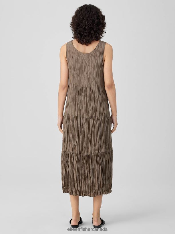 EILEEN FISHER Crushed Silk Tiered Dress Easy Fit Full Length Women COBBLESTONE Clothing 024FN848