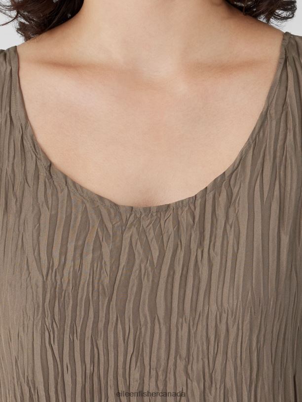 EILEEN FISHER Crushed Silk Tiered Dress Easy Fit Full Length Women COBBLESTONE Clothing 024FN848