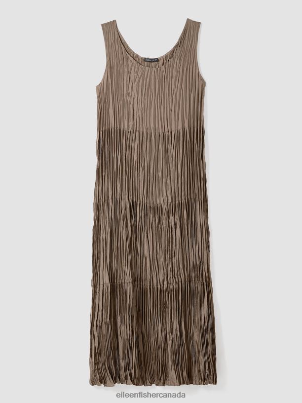 EILEEN FISHER Crushed Silk Tiered Dress Easy Fit Full Length Women COBBLESTONE Clothing 024FN848