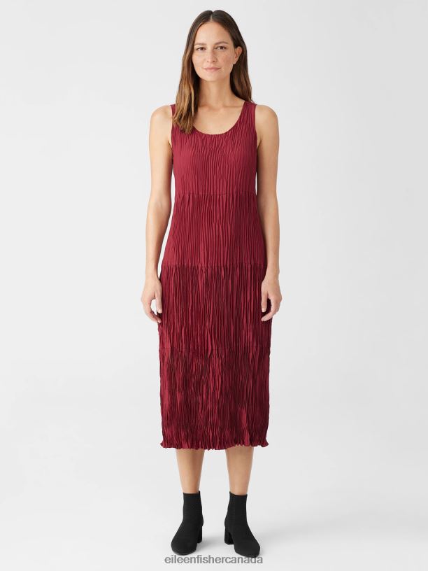 EILEEN FISHER Crushed Silk Tiered Dress Easy Fit Full Length Women DEEP CLARET Clothing 024FN851