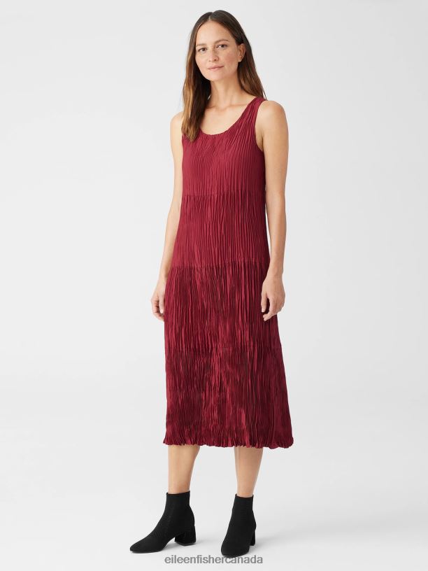 EILEEN FISHER Crushed Silk Tiered Dress Easy Fit Full Length Women DEEP CLARET Clothing 024FN851