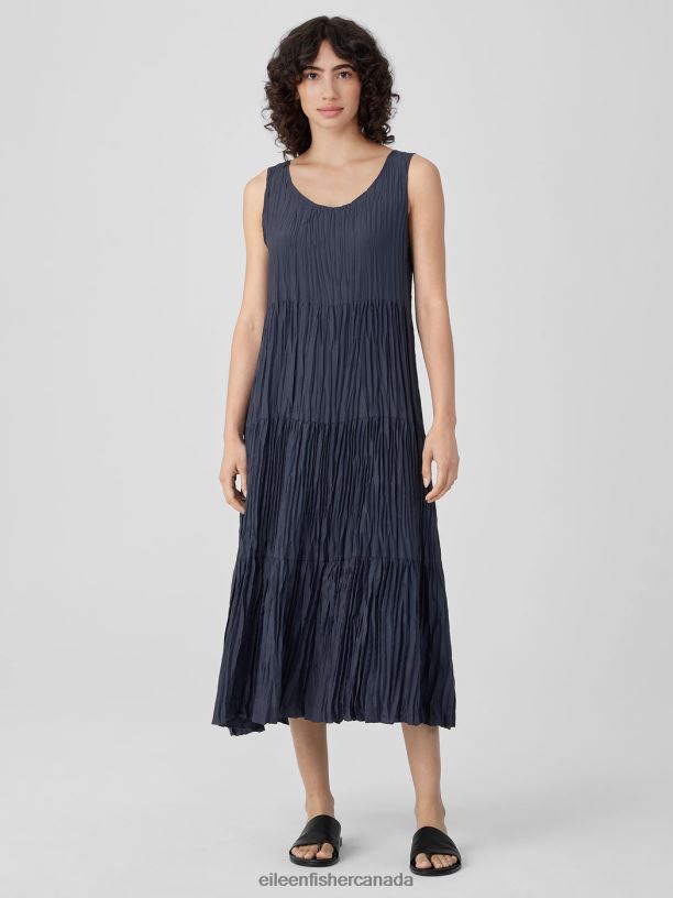 EILEEN FISHER Crushed Silk Tiered Dress Easy Fit Full Length Women OCEAN Clothing 024FN852