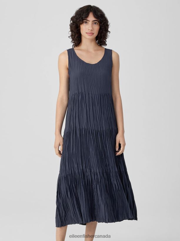 EILEEN FISHER Crushed Silk Tiered Dress Easy Fit Full Length Women OCEAN Clothing 024FN852