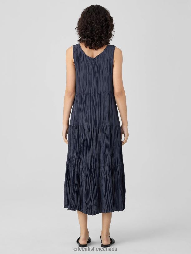 EILEEN FISHER Crushed Silk Tiered Dress Easy Fit Full Length Women OCEAN Clothing 024FN852