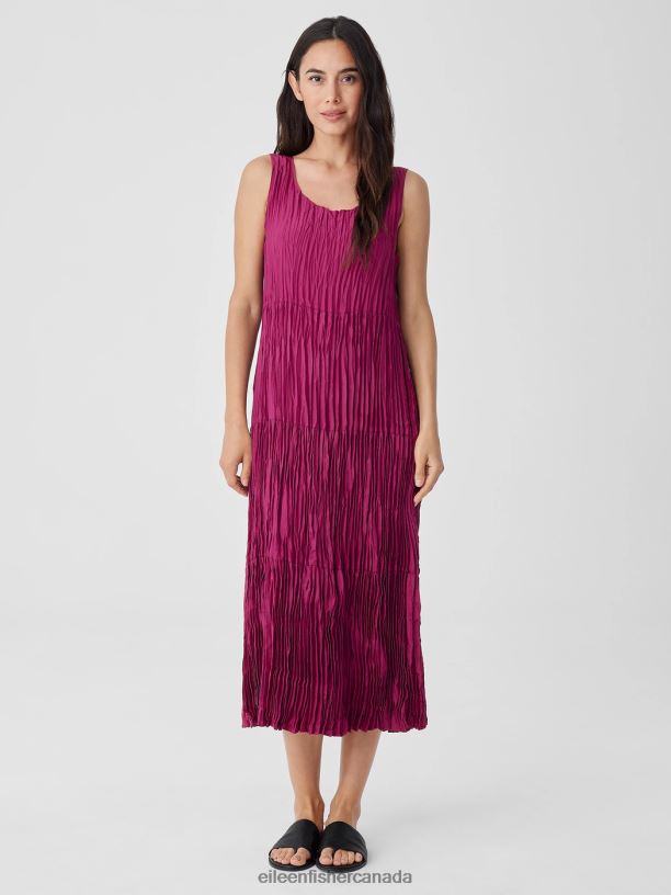 EILEEN FISHER Crushed Silk Tiered Dress Easy Fit Full Length Women RASPBERRY Clothing 024FN850