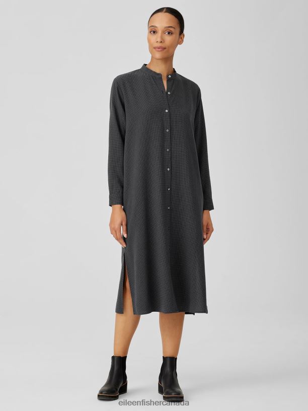 EILEEN FISHER Mini Check Crepe Mandarin Collar Dress Easy Fit Calf Length Women VENUS Clothing 024FN854