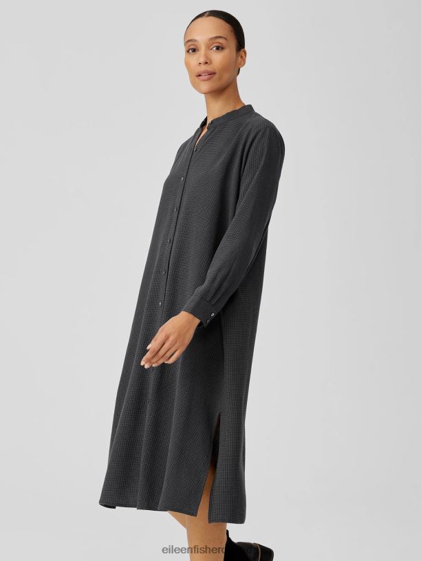 EILEEN FISHER Mini Check Crepe Mandarin Collar Dress Easy Fit Calf Length Women VENUS Clothing 024FN854