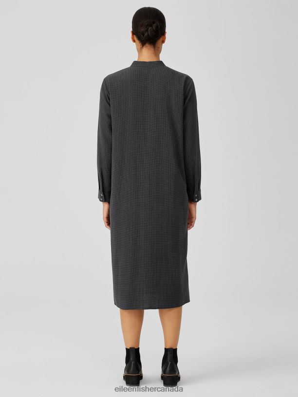 EILEEN FISHER Mini Check Crepe Mandarin Collar Dress Easy Fit Calf Length Women VENUS Clothing 024FN854