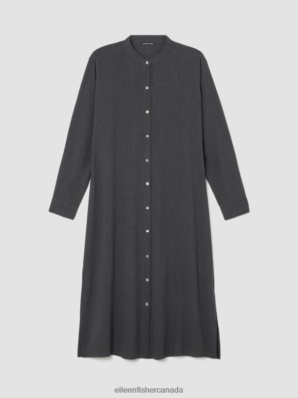 EILEEN FISHER Mini Check Crepe Mandarin Collar Dress Easy Fit Calf Length Women VENUS Clothing 024FN854