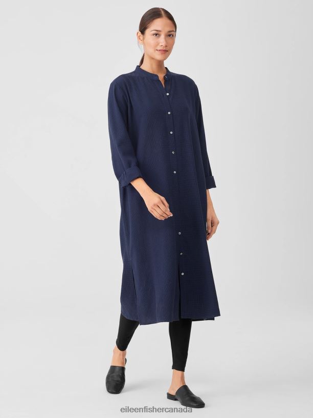 EILEEN FISHER Mini Check Crepe Mandarin Collar Dress Easy Fit Calf Length Women VENUS Clothing 024FN855