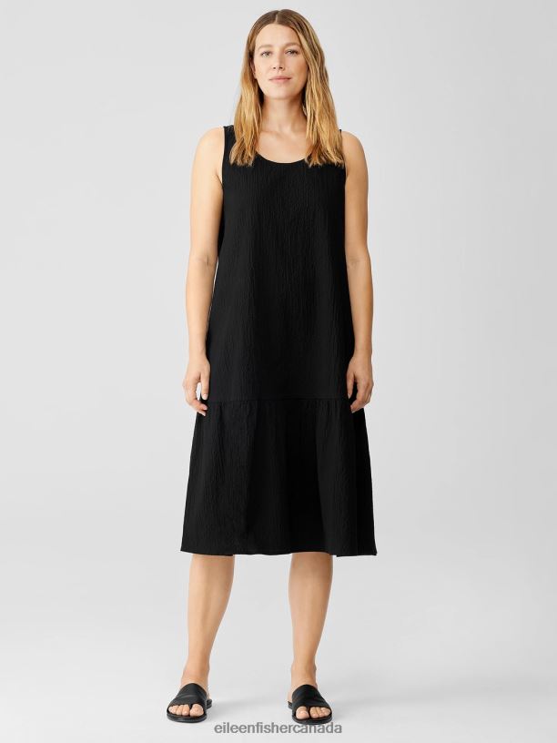 EILEEN FISHER Organic Cotton Pucker Tiered Dress Easy Fit Calf Length Women BLACK Clothing 024FN895