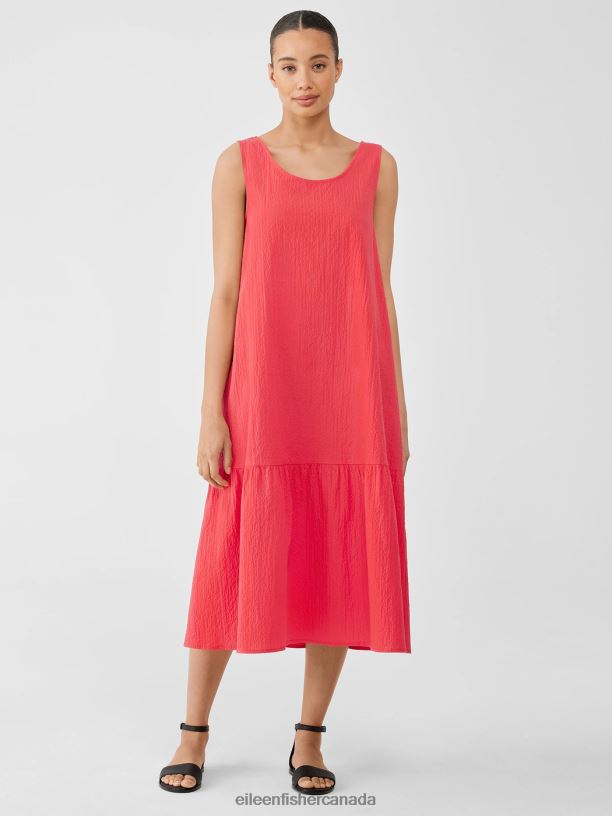 EILEEN FISHER Organic Cotton Pucker Tiered Dress Easy Fit Calf Length Women WATERMELON Clothing 024FN896
